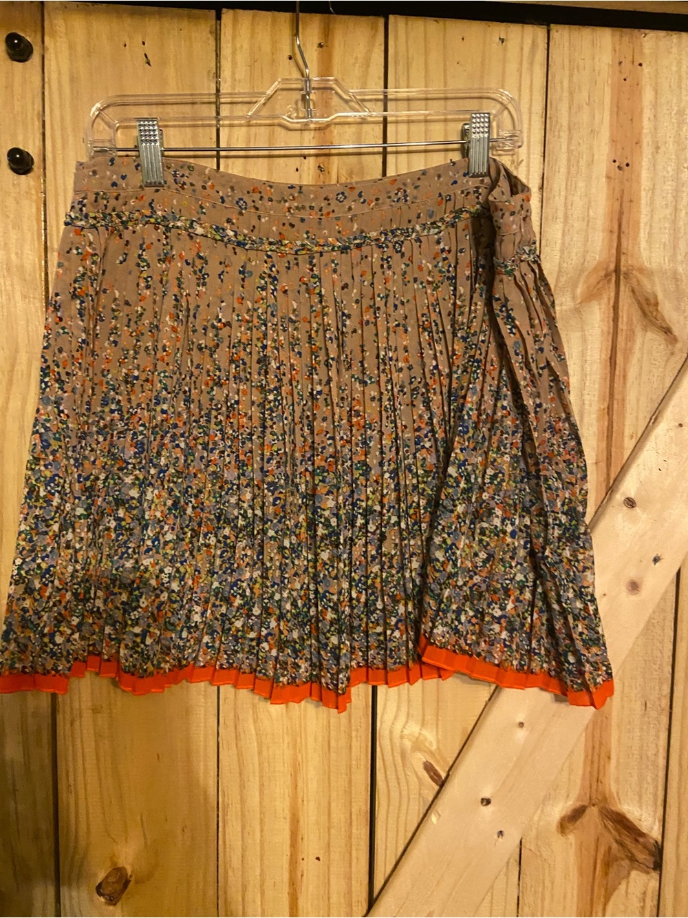 American Eagle Outfitters Pleated Floral Midi Skirt in Tan with Orange Hem